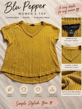 Blu Pepper Mustard Yellow V-Neck Short Sleeve Top